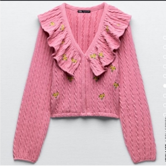 Zara Sweaters - ZARA Ruffle Front Cable Knit Cropped Cardigan Pink Embroidered Floral RARE NWT